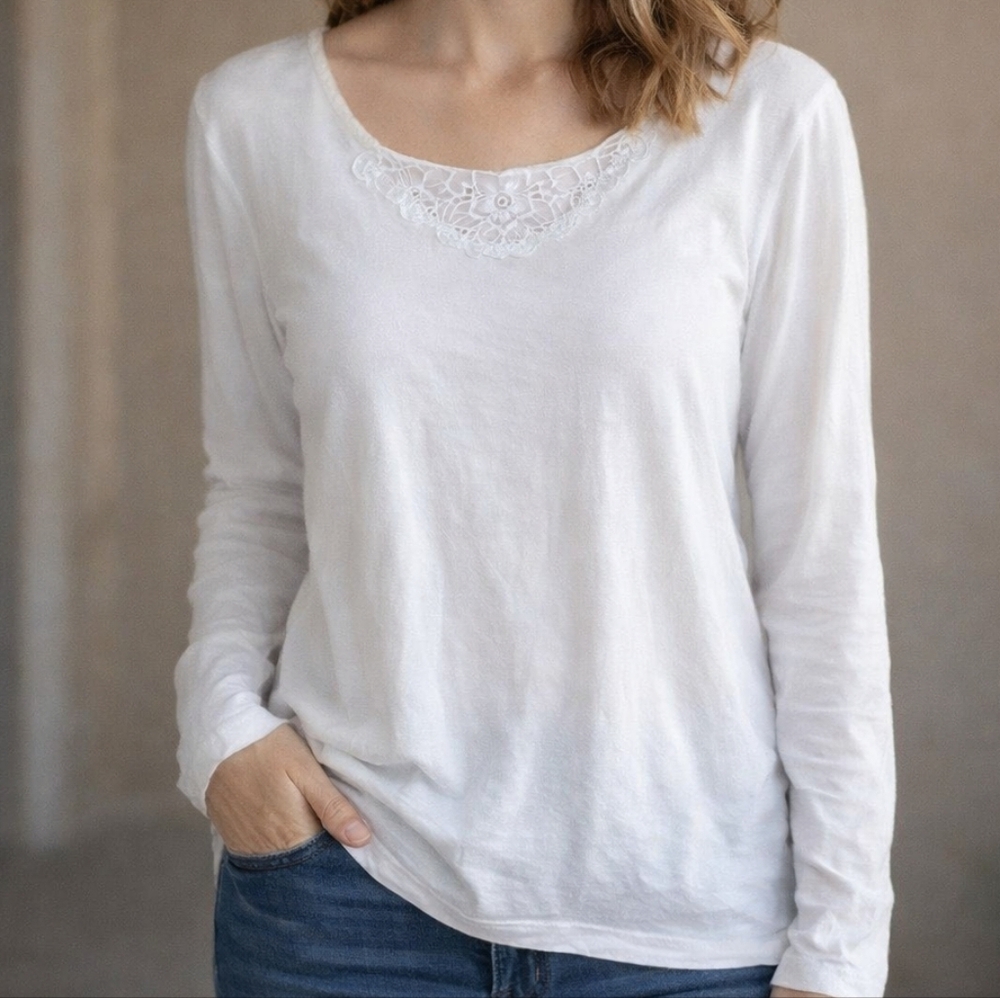 Vintage 60s Women’s Long Sleeve Lace-Trim White Top